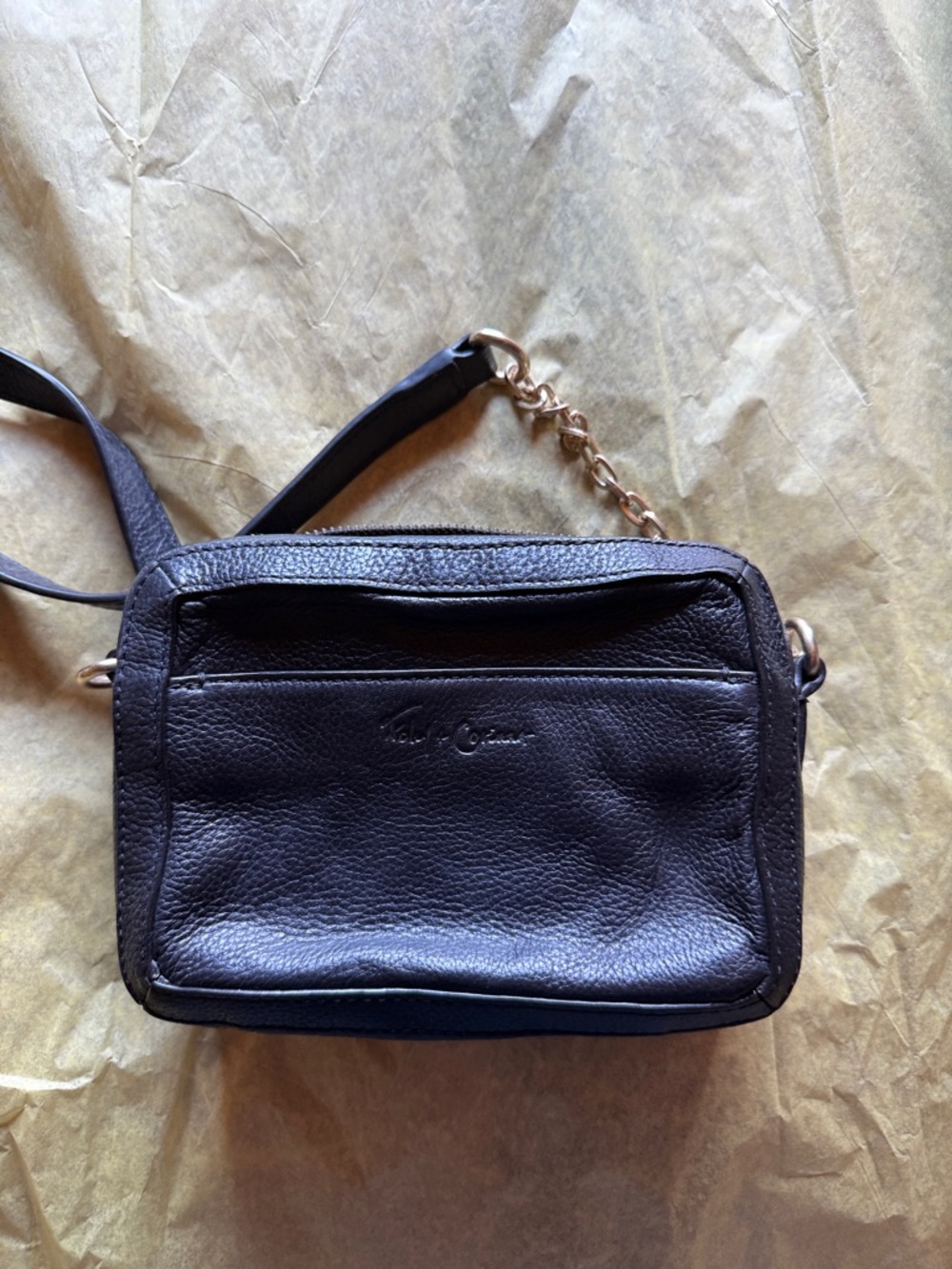 Foley + Corinna Black Leather Crossbody Bag with Gold Chain Accent NEW
